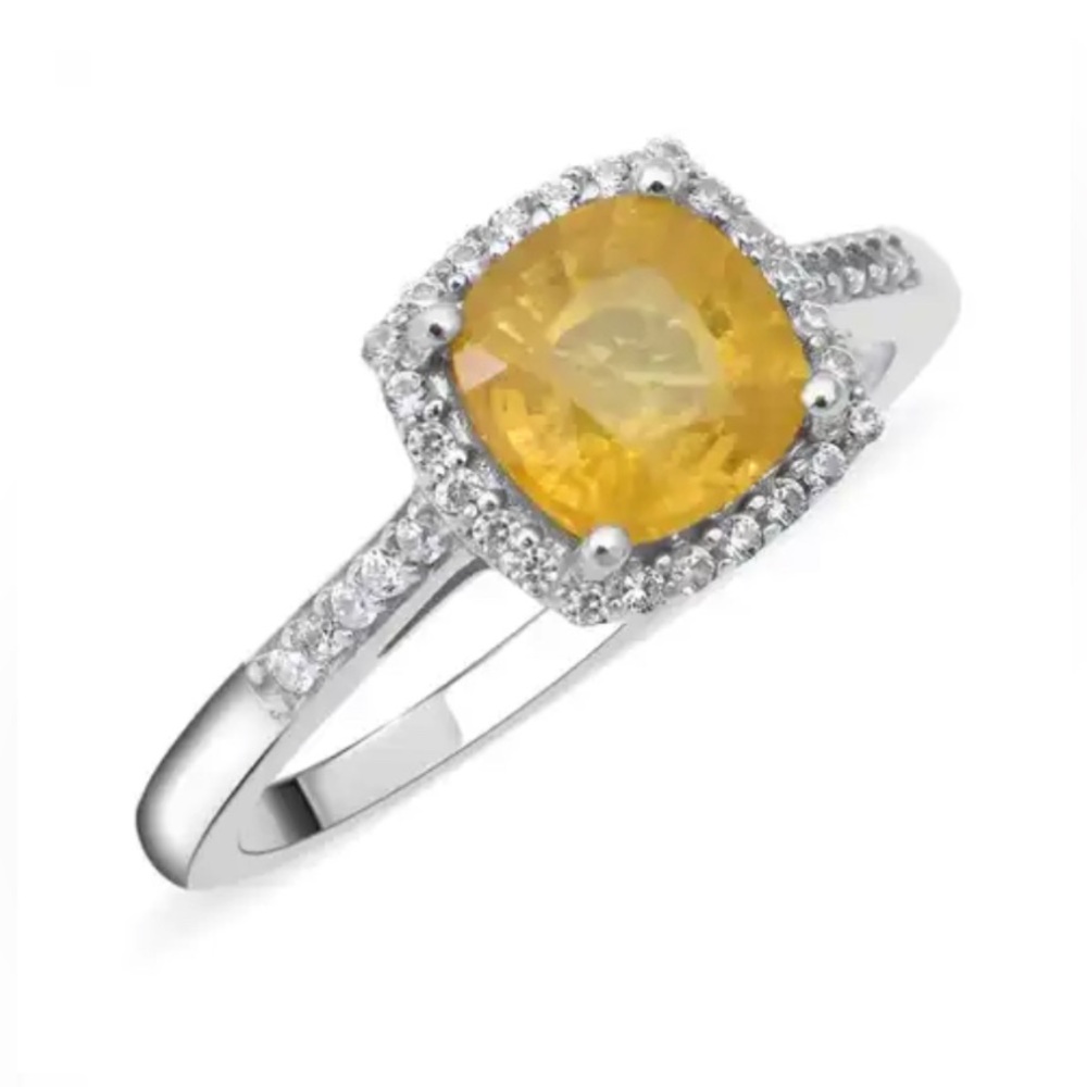 Premium Madagascar Yellow Sapphire, Zircon Halo Ring in Platinum/ Silver 2.00ctw